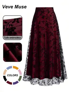 Women's Floral Embroidery Contrast Netting A-line Half Skirt, Casual Elegant High Waist Midi Dress for Formal Party, Holiday, Wedding Guest Wear, Four Seasons Suitable Long Dress for Women