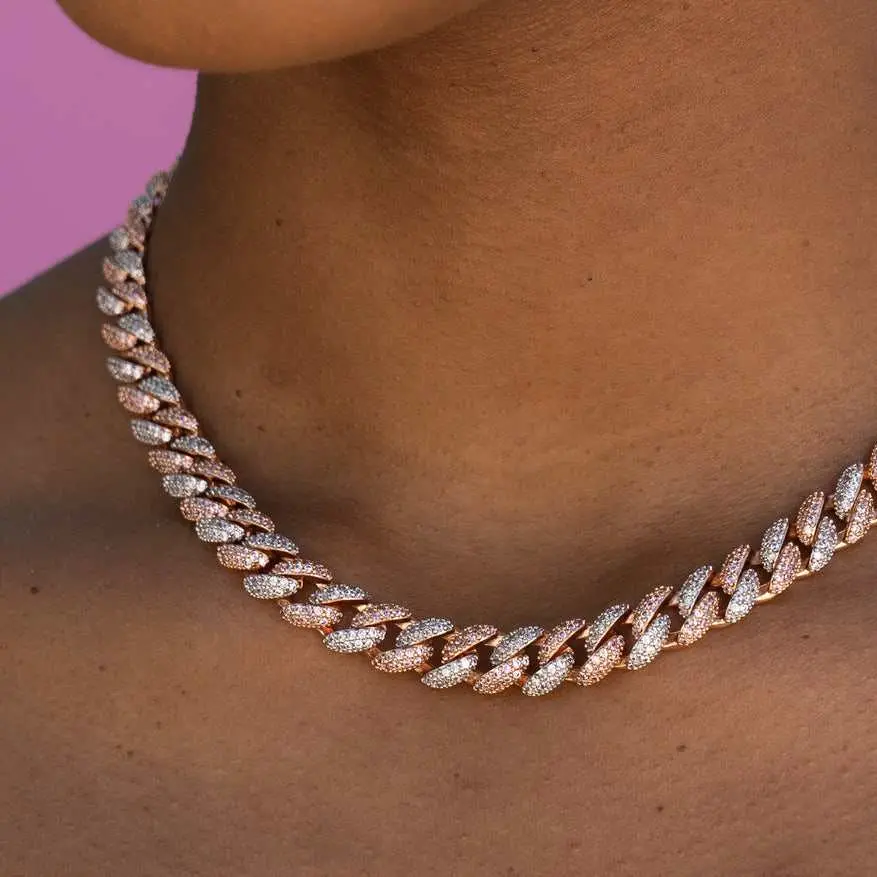 Diamond Cuban Necklace in 18k Rose/White Gold Plated Handset Stones - 8.5mm - Lifetime Guarantee, Perfect Gift