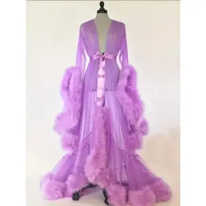 Plush Sleeve Kimono Robe Women - Extra Long Sheer Babydoll Nightgown with Faux Fur Trim, Purple, Elegant & Sexy Lingerie Dress Fabric Womenswear