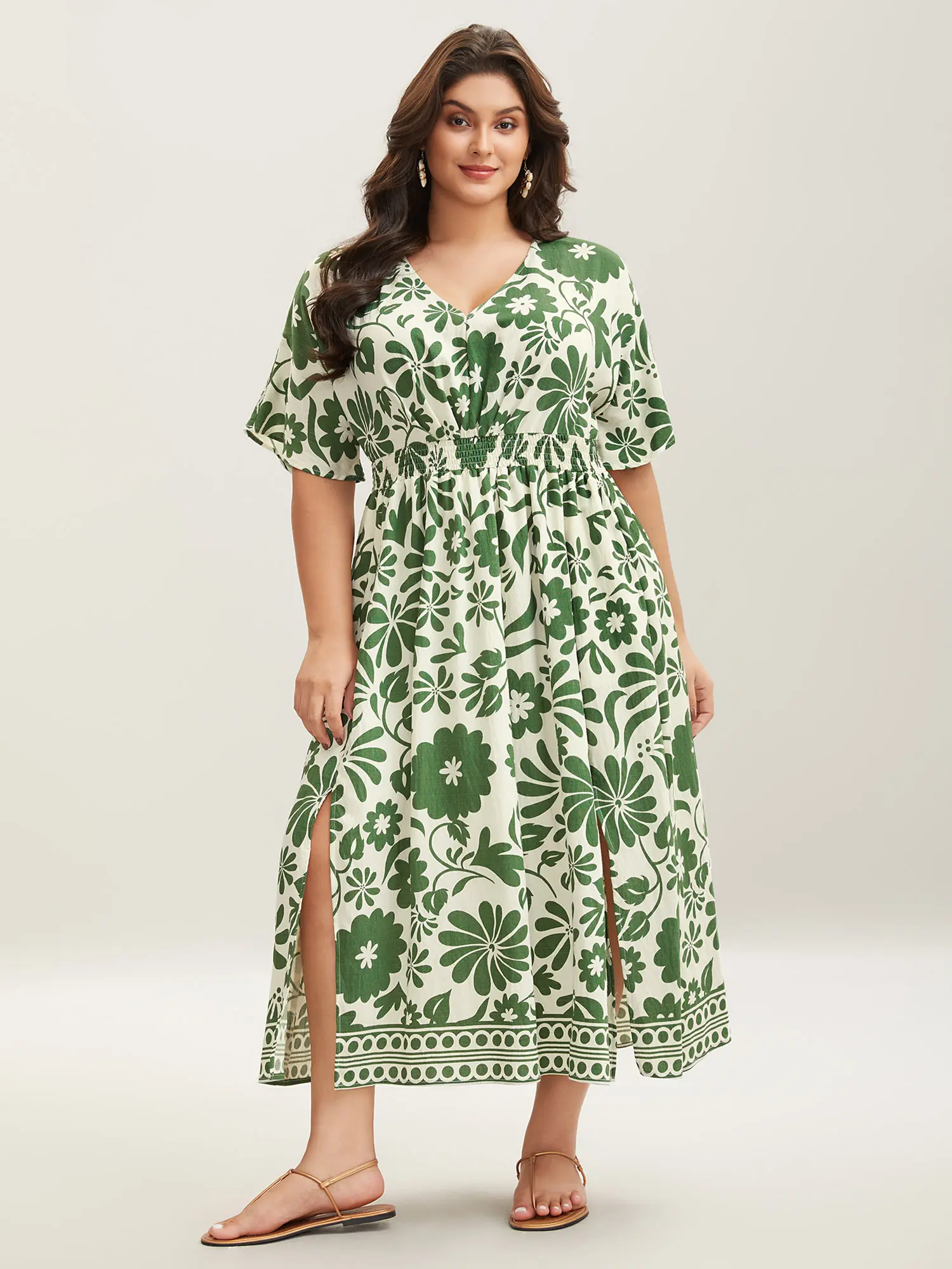 BLOOMCHIC Women's Lady Love Smooth Lightweight Garment Boho Large Floral Print Polyester Midi Dress - Raglan Short Sleeves Casual Boho Soft Casual Boho Elegant summeroutfits,vacationoutfits,beac,Summerfinds