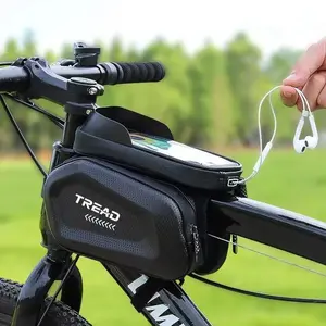 Waterproof Bike Top Tube Bag, Hard Shell Bicycle Front Frame Bag with Touch Screen Phone Holder, Cycling Storage Bag for Mountain & Road Bikes