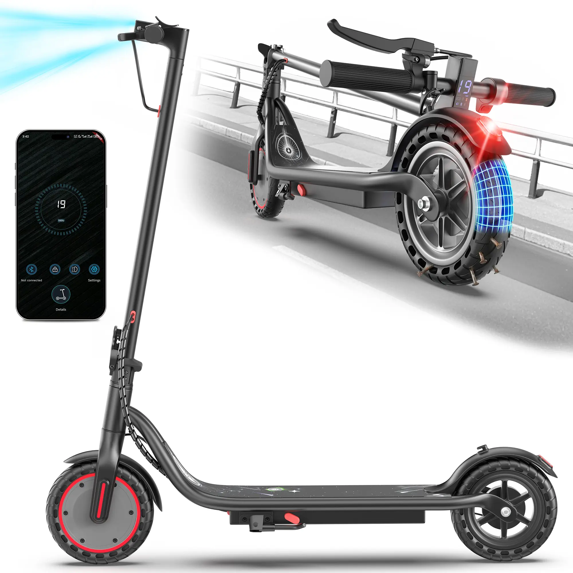 Electric Scooter - 8.5" Solid Tires, 350W Motor, Up to 19MPH& Miles Long-Range Portable Commuting Scooter for Adults with Double Braking System, App