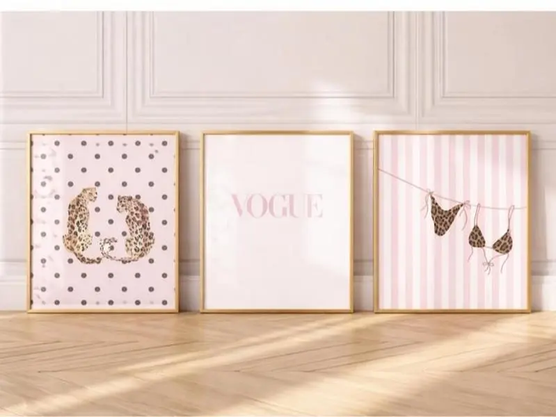 Pink Leopard Vogue Art Prints, Girly Room Decor prints set of 3, aesthetic preppy leopard print art, fashion bedroom posters, Leopard printable wall art