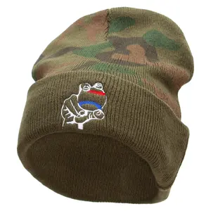 Holding a Baseball Camo Knit Long Beanie with Cuff