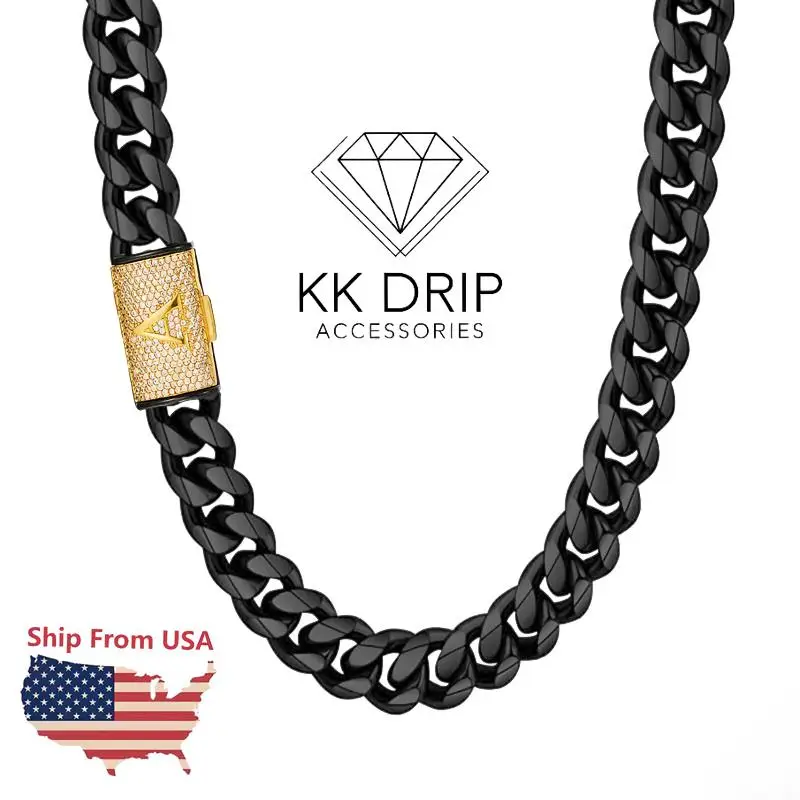 KK Drip Accessories Men's Black Cuban Chain Necklace – Chunky Thick Heavy Hip Hop Punk Stainless Steel Chain, Rugged Statement Accessory, Fashion Tren