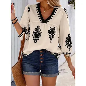 Plus Size Ethnic Pattern Blouse, Boho 3/4 Sleeve V-Neck Top for Summer, Women’s Clothing for Everyday Wear GARMENTARY