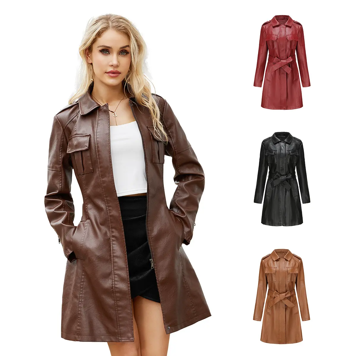 BIGWIG women's mid-length faux leather trench coat, long sleeves, zipper lapel, long jacket with belt, slim and elegant faux leather jacket, designer genuine leather suit jacket, trench coat with pockets, fashionable British jacket