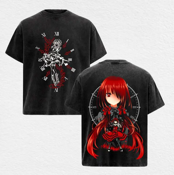 Kurumi Tokisaki Date A Live Zafkiel Clock Graphic Tee Vintage Acid Wash Streetwear T-shirt Red Nightmare Spirit Anime Aesthetic Oversized Heavyweight Cotton Shirt