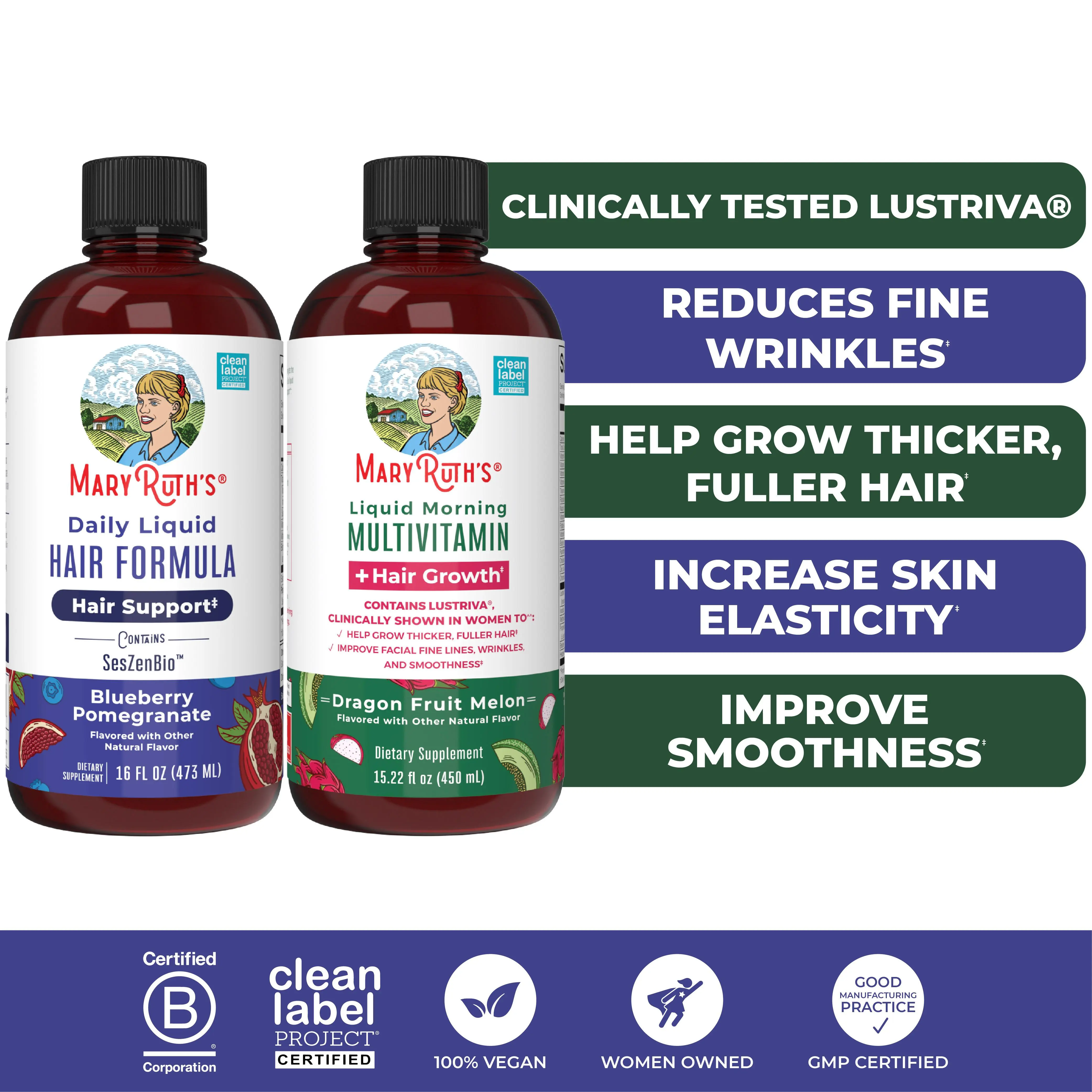 MaryRuth’s Hair Care & Wellness Bundle – Daily Liquid Hair Formula 16 oz & Liquid Morning Multivitamin + Hair Growth Dragon Fruit Melon