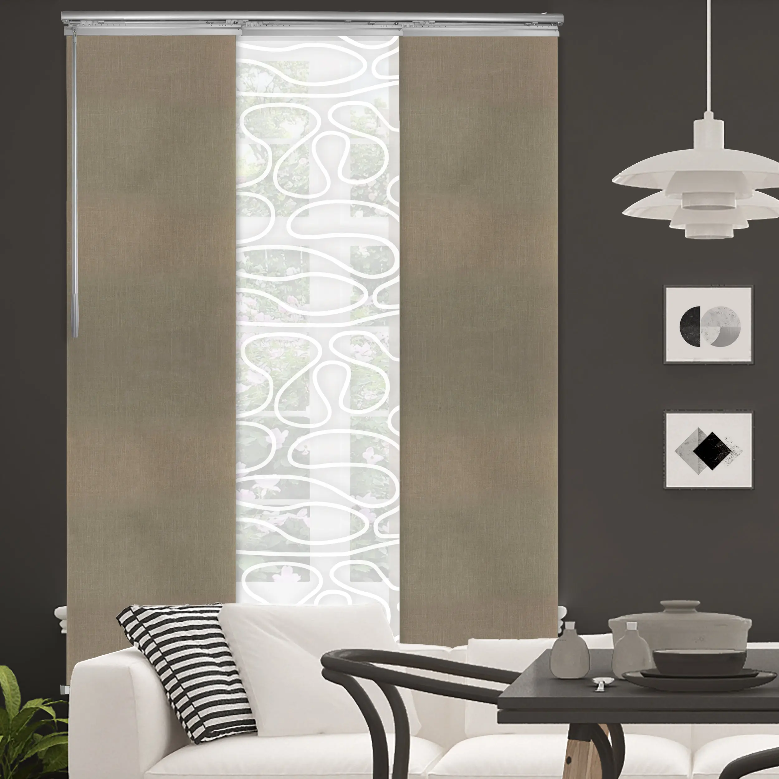 3-Panel Single Rail Panel Track Blind Extendable 36"-66"W x 91.4"H, Panel width 23.5", Whirl White, Cornsilk