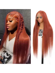 Women's Reddish Brown #33 Straight Wig - 13x4 HD Lace Front, 180% Density Copper Red Human Hair, Glueless Pre-Plucked Baby Hair, Curling & Styling Friendly, Lace Front Wigs