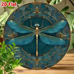 Vintage Dragonfly Round Wall Decor Ornaments with Golden Pattern Aluminum Sign for Garden Patio and Home Interior Decoration
