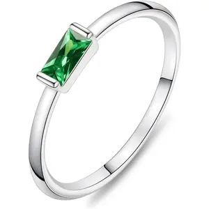 Silver Birthstone Rings for Women Dainty Stackable Engagement Wedding Promise Rings Non Tarnish CZ Emerald Green Gemstone Ring Mothers Birthday Gift Size 6-10