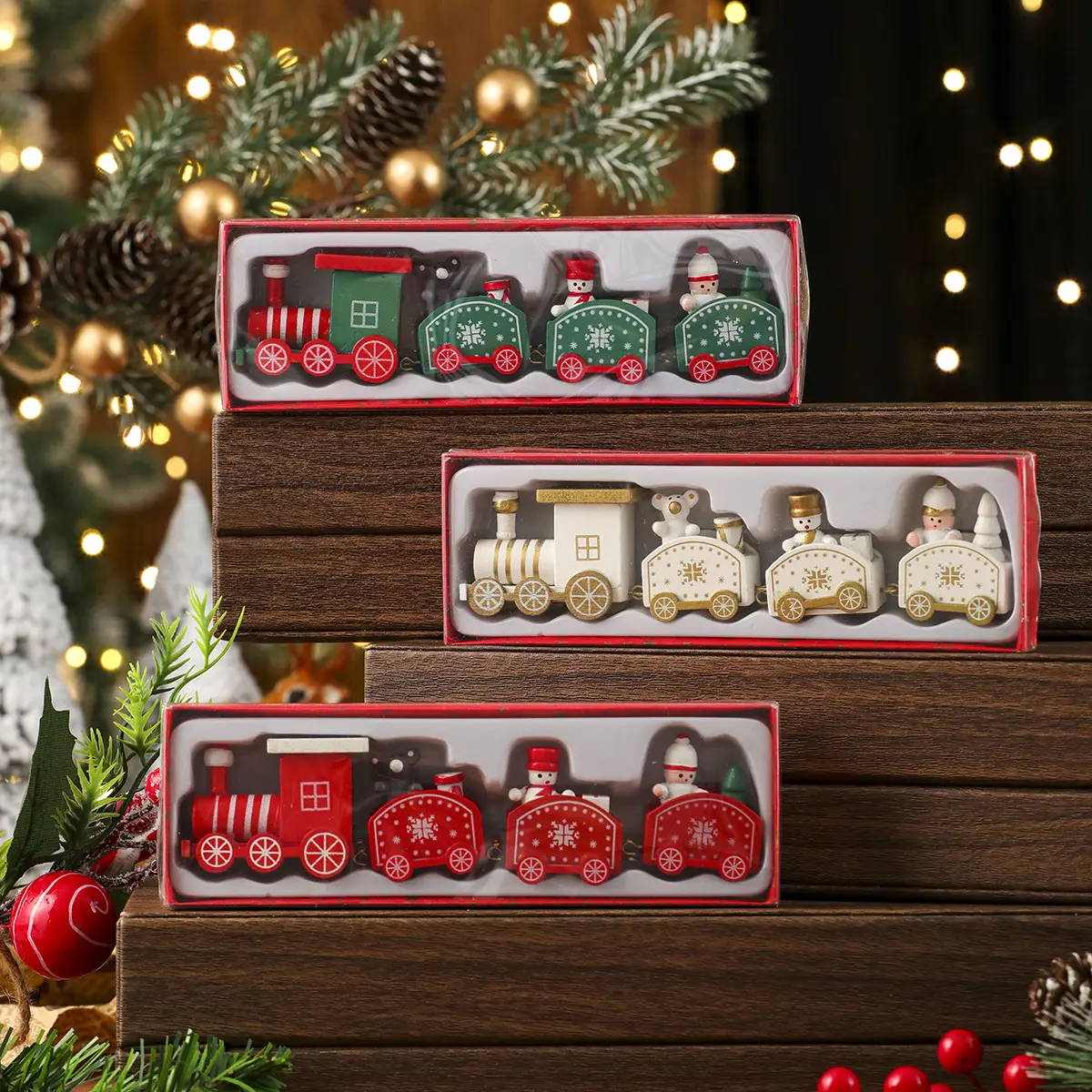 Wooden Christmas Decoration Set, Colorful Box Train Ornament, Perfect Holiday Gift, Window Display Decor, Festive Home Accessories