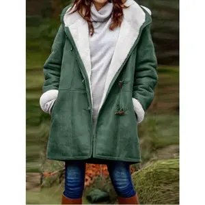 Plus-size women’s cotton coat with fleece lining, solid color, fur collar and hood, mid-length jacket, long sleeves, fitted basic casual minimalist design, includes shipping