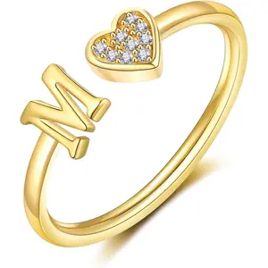 Heart Initial Ring for Women Silver Rose Gold Plated Heart Capital Letter Initial Ring Stackable Rings for Women Adjustable Alphabet Letter Rings Jewelry Gifts