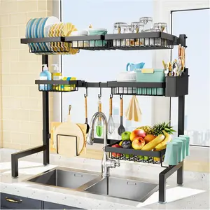 3 Tiers 6 Baskets Over The Sink Dish Drying Rack Extendable (24.8 "-35.4"), Large Dish Drying Rack, Kitchen Cutlery Drainer Metal Storage Counter Rack