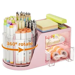 Marbrasse Desk Organizer with 2 Drawer, 360°Rotating Pen Holder, Desk Organizers and Accessories with 6 Slots Pencil Organizer + 2 Drawer, Art Supply Storage Box Caddy for Office (Pink)