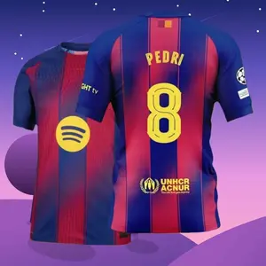 25 26 Home Red And Blue 8# Pedri Short Sleeve Soccer Jersey Fans Version H