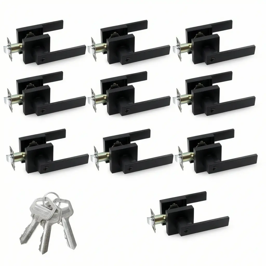 10 Pack Matte Black Door Handle Heavy Duty, Different Keys Entry Door Lever, Door Knobs with Lock and Key, Square Door Lever for Bedroom, Bathroom