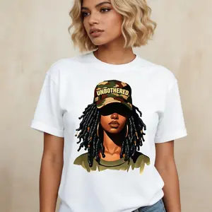 Women Casual T Shirt White Unbothered Girl With Dreads And Camo Hat Graphic Print For Everyday Wear