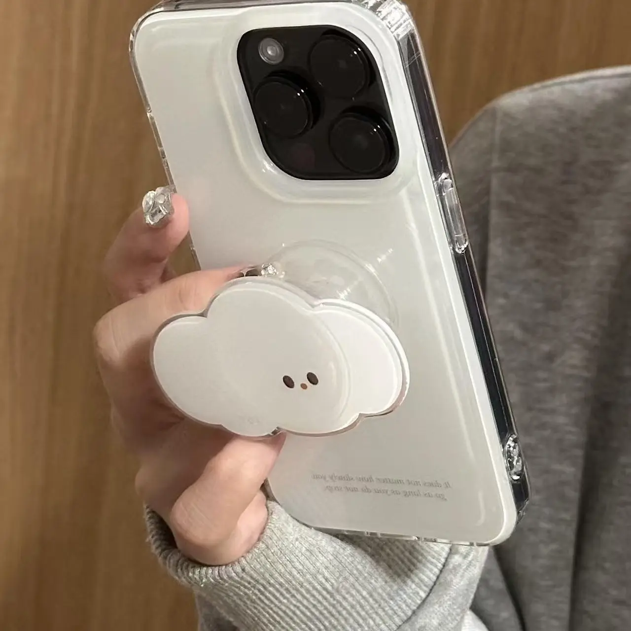 Crystal transparent white light painted white background simple English Protective phone case with cloud holder for iPhone 11 12 13 14 15 16 promax Cover Protective Covers