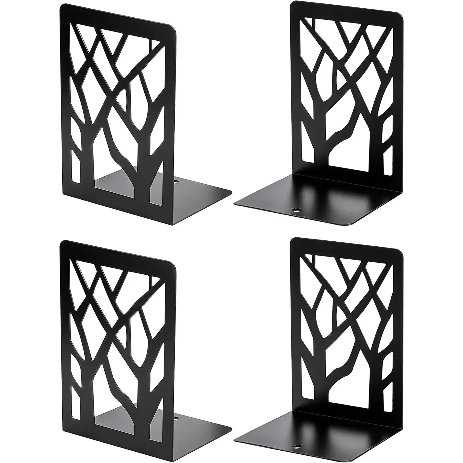 MaxGear Tree Shadow Design Metal Book Holder Stand - Powder-Coated Surface, Heavy Gauge Steel, Anti-Slip Foam Pads, Round Edges, Decorative Shelf Stopper Desk Organizer for Books CDs DVDs (7x4.7x3.5in, Black, 2 Pairs/4 Pieces) for Home Office