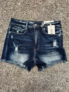 Raw hem dark washed denim shorts