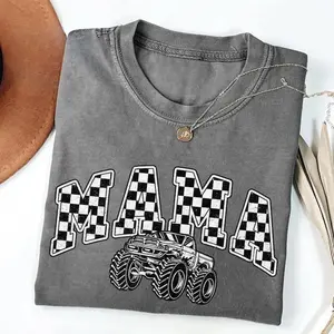 Monster Truck Mama Shirt, Oversized Checkered Mom T-Shirt, Trendy Truck Lover Tee, Monster Truck Birthday Gift for Her Crewneck Women