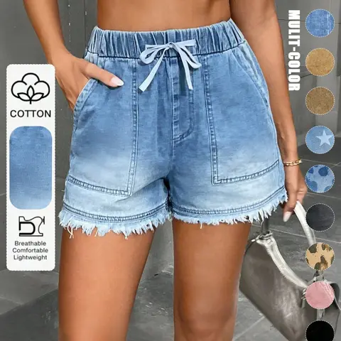 Women's Basic Casual Loose Light Wash Denim Drawstring Waistband Shorts with Adjustable Drawstring, Lightweight Breathable with Plain Fitted Design for Summer Beach, Travel & Daily Wear
