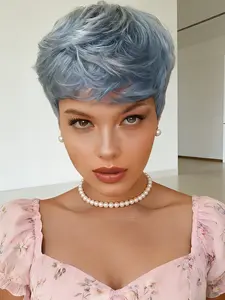 Grey Short Pixie Cut Wig with Bangs Human Hair Layered Straight Machine Made Wig for Women