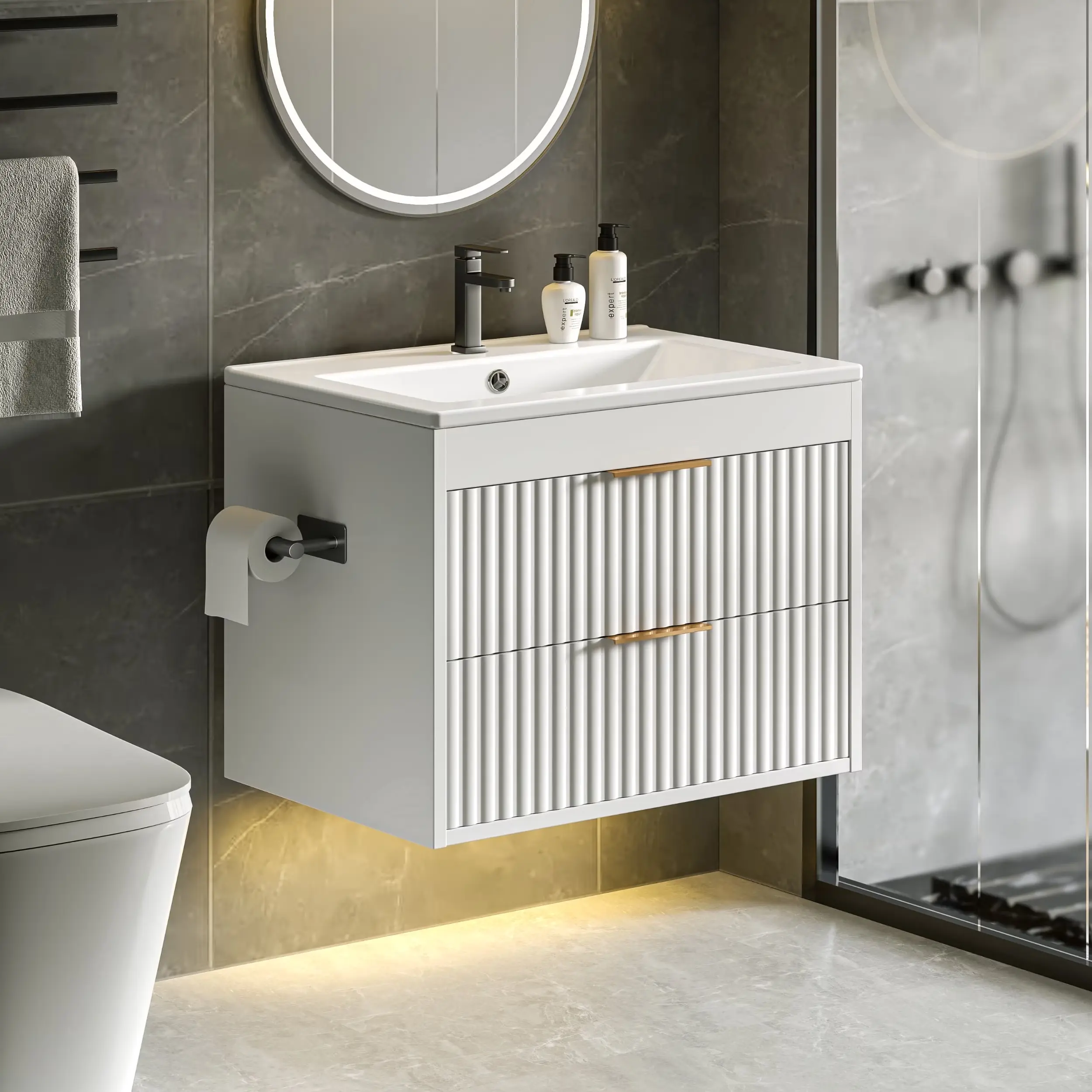 EVOKEDEN 24” Floating Bathroom Vanity with Sink, Wall-Mounted Vanity with 2 Drawers & LED Light, White