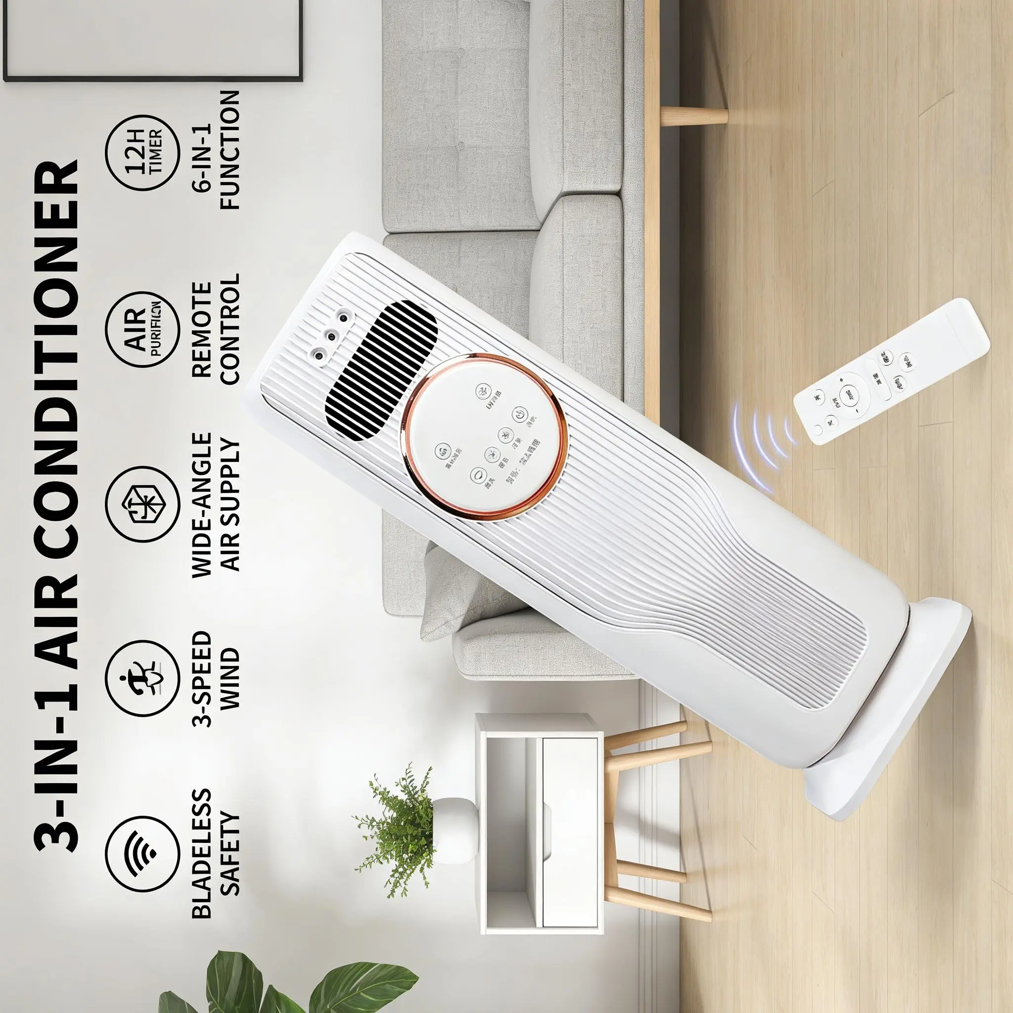 Slim Vertical Oscillating Tower Air Fan Combo Cooler & Heater, Unique Ice Water Injection Structure, Full Function Remote Controller Included, Low Noise Home Air Circulator