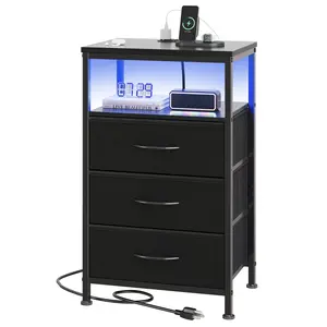 Nightstand with USB and Type-C Charging Station, Bedroom End Table with Power Outlets, Adjustable Feet, Variable Light Strip