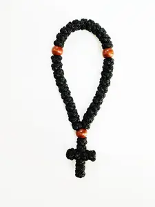 Handmade Christian 33 Knot Black Orthodox Greek Omboskoini Prayer Rope, Protection Blessing Cross Charm, Tassel Car Hanging Decor, Car Hanging Decoration