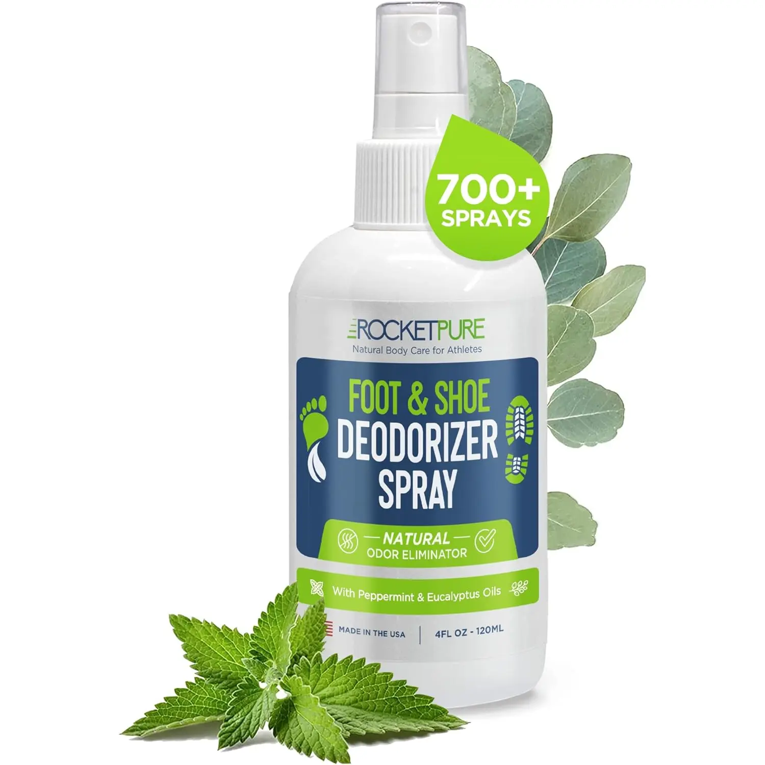 Rocket Pure Natural Foot & Shoe Deodorizer Spray - Foot Spray for Smelly Feet & Shoe Spray for Smelly Shoes - Removes, Controls & Prevents Odors - Made with Essential Oils - Made in USA (Mint, 4oz)