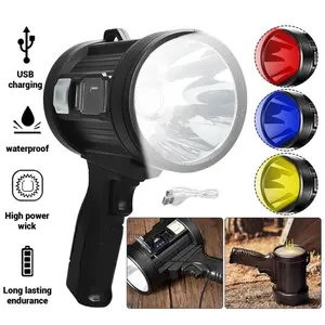 Brightest Rechargeable Spotlight with Solar Panels & 6 Modes, Rechargeable Spotlight Flashlight Outdoor, Powerful LED Spotlights Long Runtime, Large Handheld Spot Light for Boating Hunting