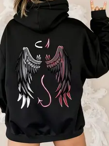 Women's Hoodie with Gothic Angel & Demon Wings Back Print, Trendy Fall Winter Casual Wear, Essential Warm Clothing for Parties