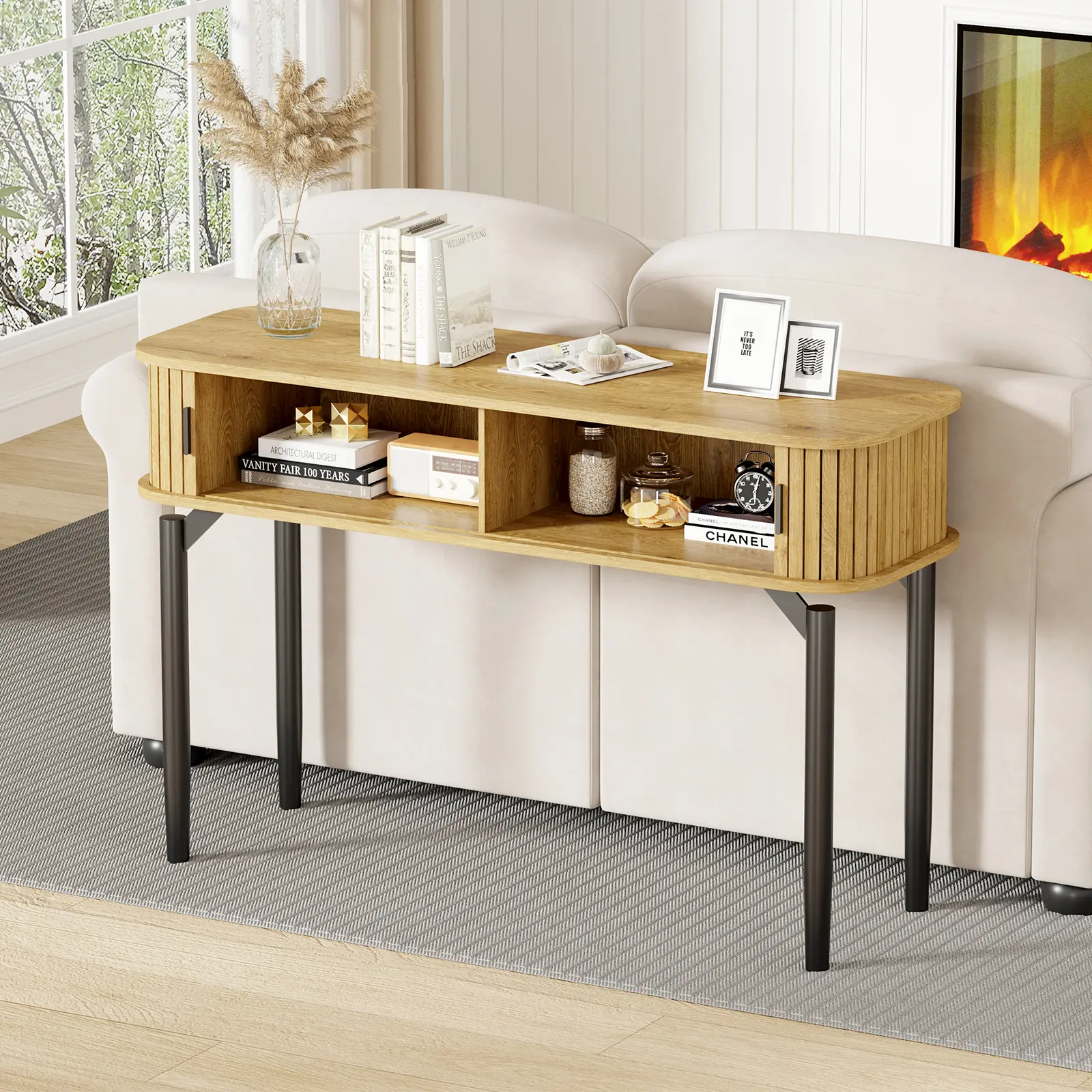 47” Modern Fluted Narrow Console Table, Functional Entryway Accent Table with Sliding Cabinet Doors, Drawers and Open Shelf Storage, Ideal Sofa Back Table in Oak and Walnut Finishes