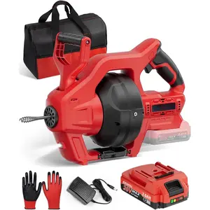 20V Cordless Electric Drain Snake, 25Ft Replaceable  with 2.0Ah  &  Charger, Storage Bag & Gloves, Snake Drain Hair  with LED Light for Sink&Sewer 3/4"-2" Pipe
