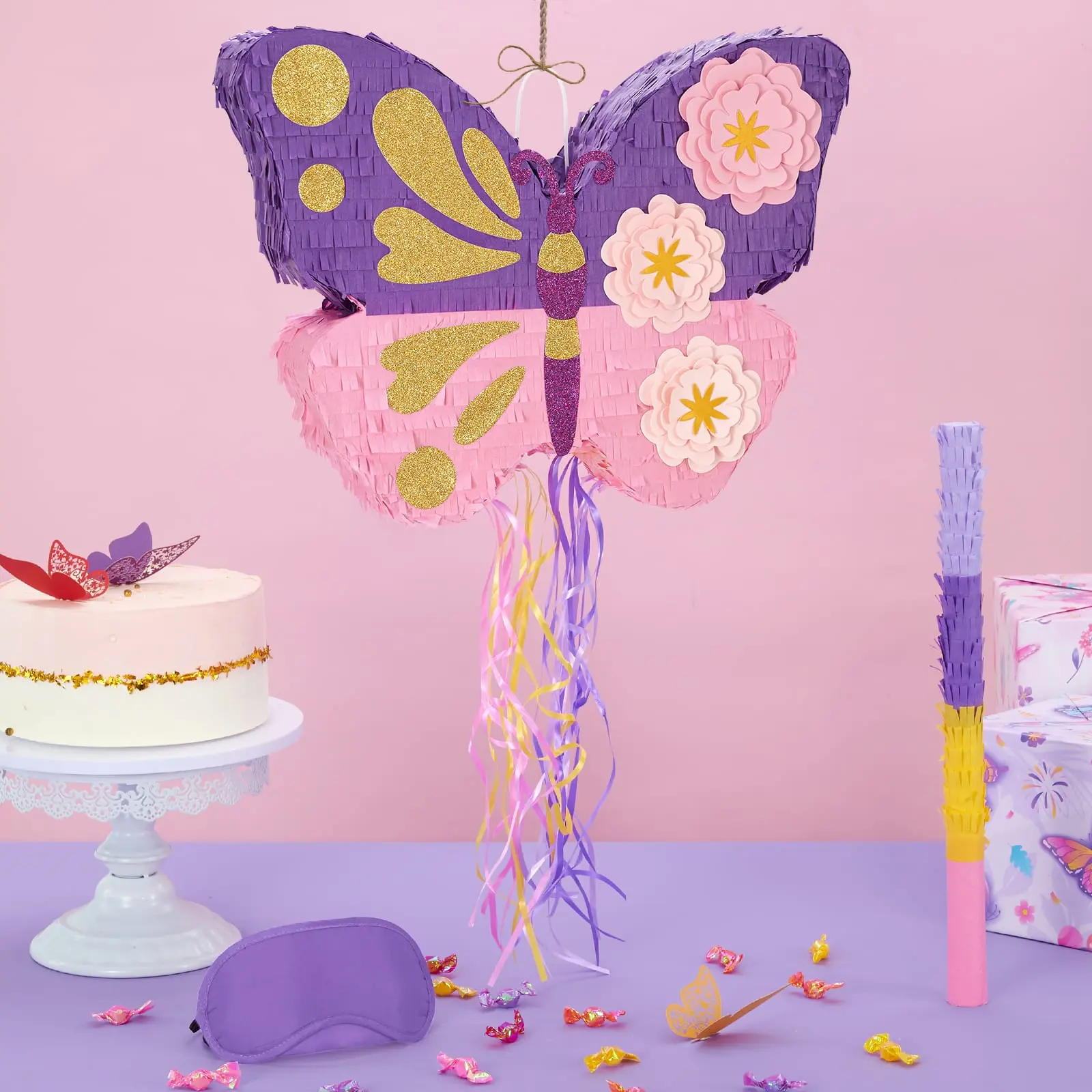 【Handmade】WERNNSAI Butterfly Piñata Girls Boys - Kids Birthday Party Bundle with Blindfold, Bat and Stick, Carnival Decorations, Fiesta Theme Birthday Gift Basket Party Favors Assortment, piñata para niños fiesta cumpleaños infantil(15.7"x12.2"x3.1")