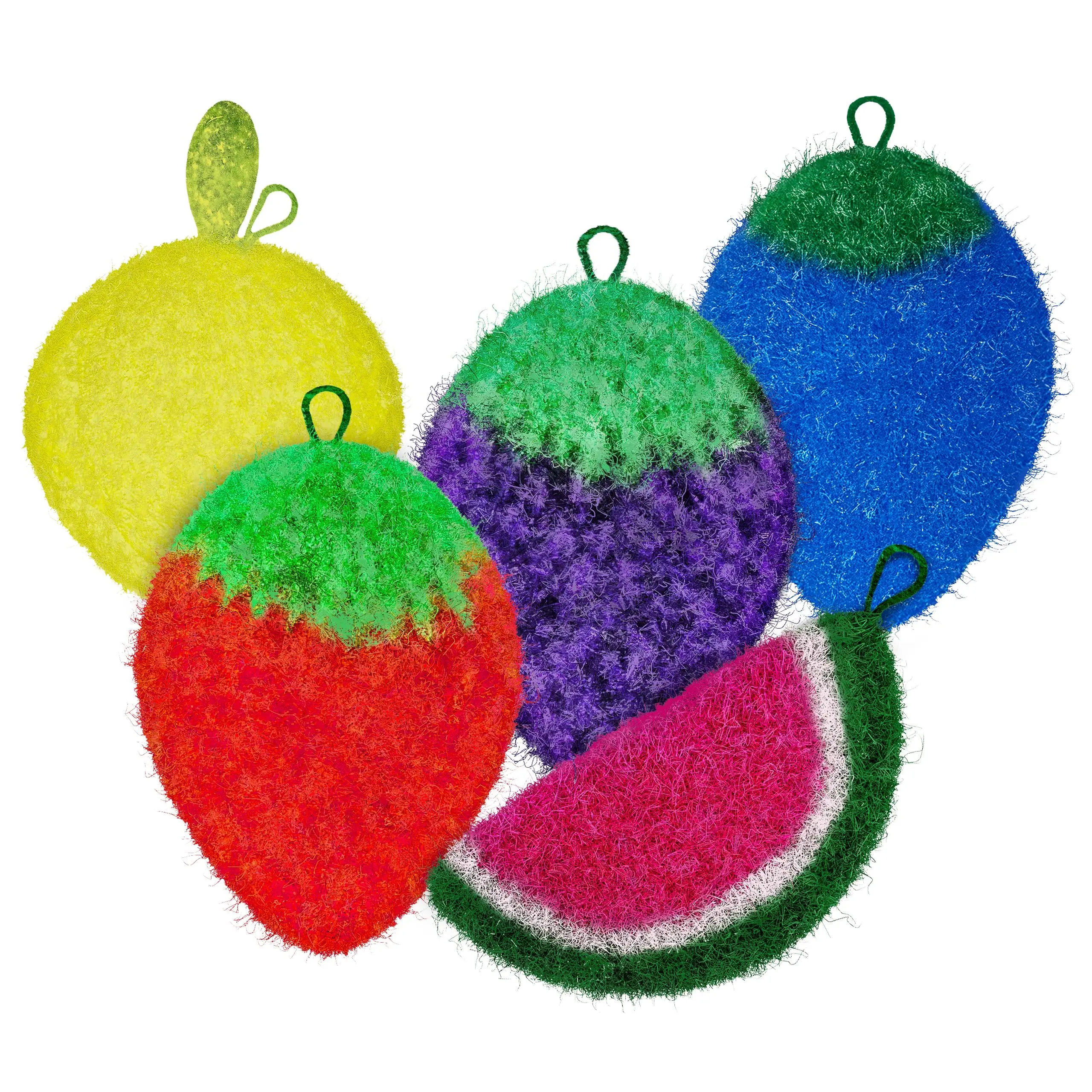 Korean Stainless Steel Dish Scrubbie 5pk - 5 Piece Double Layered Fruit Shapes Non-Scratch Odorless Reusable Kitchen Pot Cleaning Set with Sponge & Pad, Long-Lasting Home Care Stocking Stuffers Gift