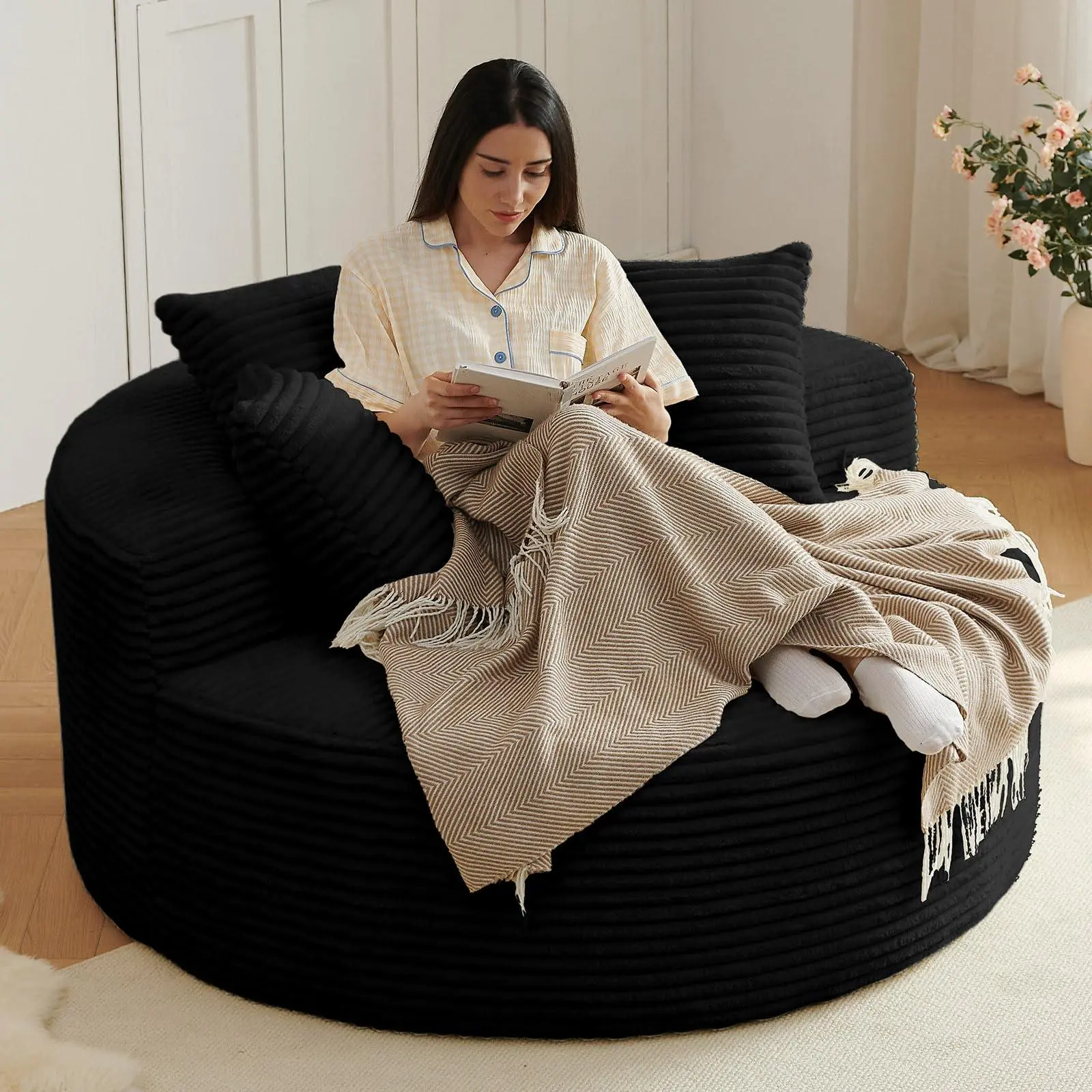 55"W Modern Upholstered Lounge Sofa Set - Oversized Round Corduroy Single Foam Sleeper Chair with Pillows for Living Room, Relax Sofa Set, Lounge Sofa Sets, Relax Sofa Sets