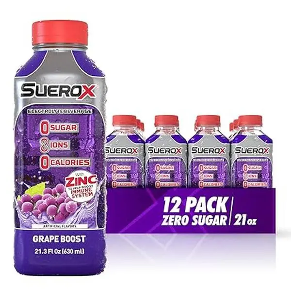 SueroX Zero Sugar, Grape Boost, 12 Pack, Electrolyte Drink for Hydration and Recovery, Unique Blend of Electrolytes & 8 Ions, Zero Calorie, Refreshing Beverage, Sports Drink, 21.3 Fl Oz,  - 12-pack