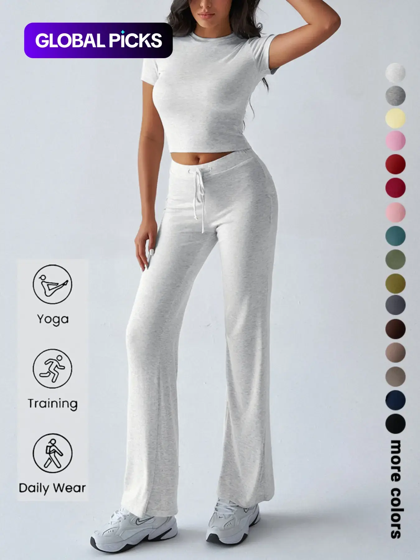 Women's Basic Minimalist Solid Short Sleeve Two-piece Set, Casual Round Neck Crop Tee & Drawstring High Waist Trousers for Daily Wear, Ladies Summer Clothes, Womenswear