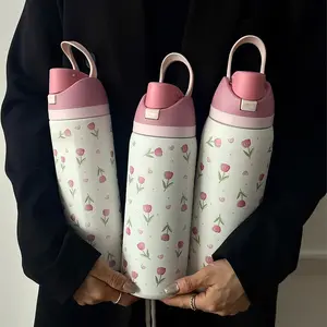 Tulip Pattern Vacuum Flask Insulated Thermos, 1 Count Portable Large Capacity Water Bottle with Straw, Drinking Cup for Home Office School Outdoor Camping, Drinkware, Tumbler with Lid