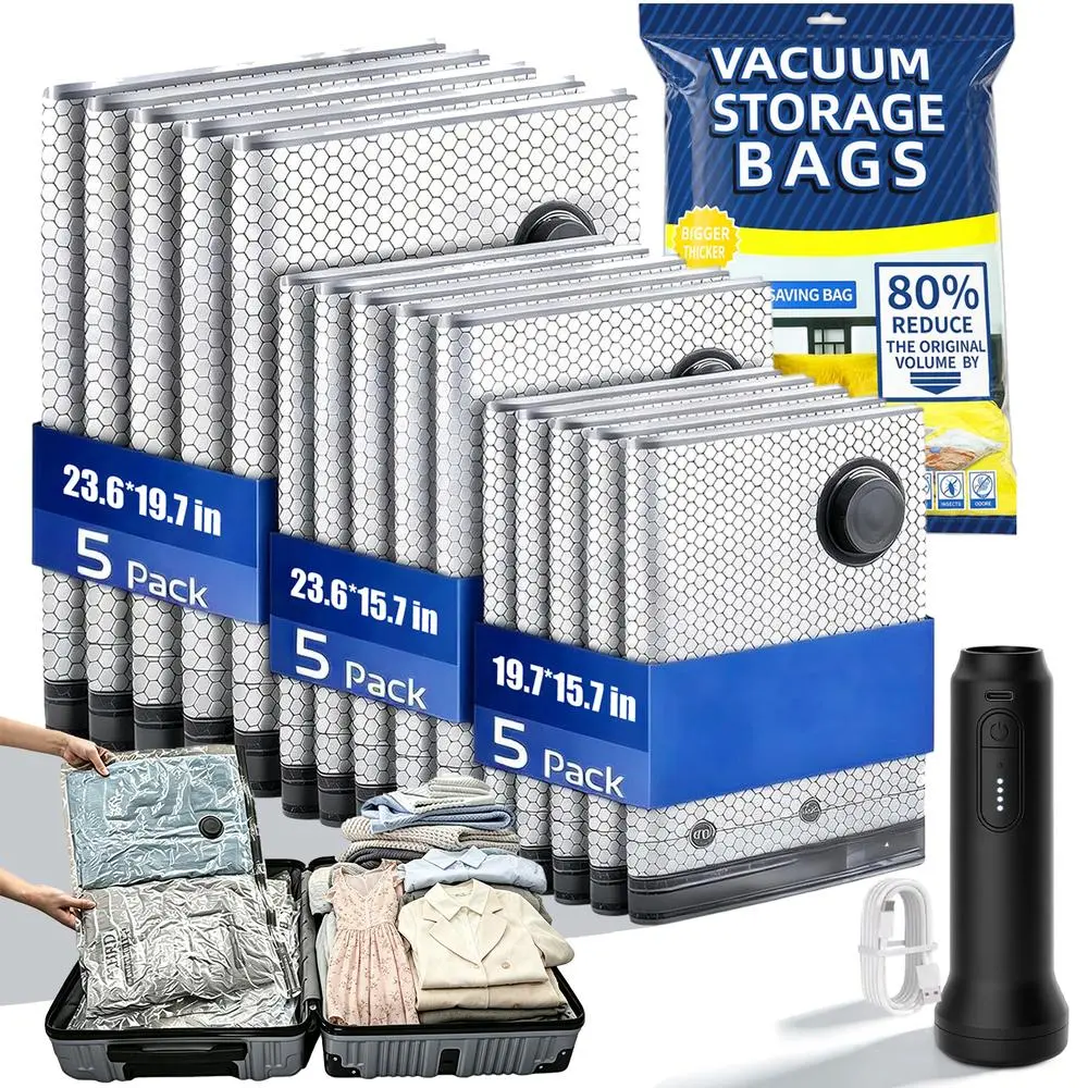 Insect & Dust Blocking Travel Vacuum Seal Compression Bag Collection with Cordless Rechargeable Air Pump, 3 Sizes 9/15/20/24-Pack Sturdy Reusable Storage Organizers