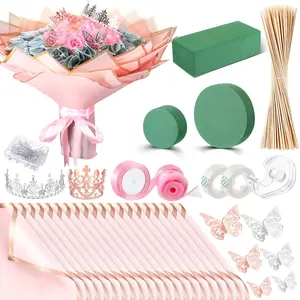 Money Bouquet Kit 20 Sheet Flower Wrapping Paper 100 Pcs Bamboo Skewers Floral Foam Blocks 50 Pcs Artificial Flowers, 3.2 Inches Silk Rose Head Flowers Fake No Stem for Thanksgiving Day Anniversary  Birthday Gift Springtok