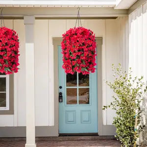 Ivydale Artificial Bougainvillea Faux Flowers Plants Baskets for Outdoor Outside Decoration, 3PCS Fake Silk Flowers Long Trailing Vines UV Resistant Realistic for Front Door Porch Patio (Red)