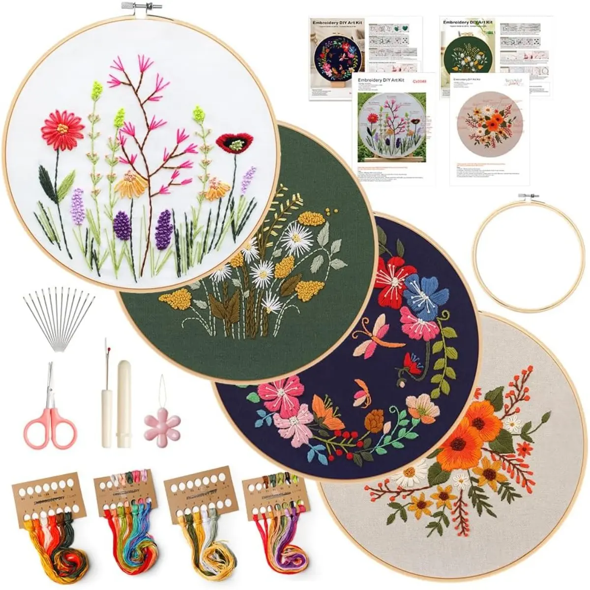 4-Piece Floral Embroidery Kit for Beginners - Embroidery Hoop, Needle Threader, Scissor, Instructions, Printed Patterns, Colorful Threads, Craft Tools, Handmade Gift for Adults & Craft Enthusiasts, 1 X Embroidery Hoop, 1 X Needle Threader